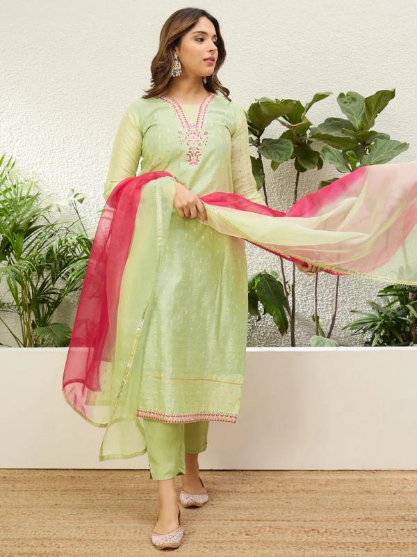 VP 9874 P Embroidered Yoke Design Straight Kurta Pant Set with Ombre Dupatta